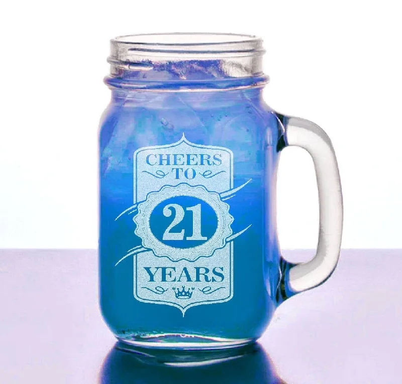 21st Birthday Gift for Her, Him 16 Oz Mason Jar Cheers to 21 Years Design Mug Personalized Laser Etched for College Celebration, Party