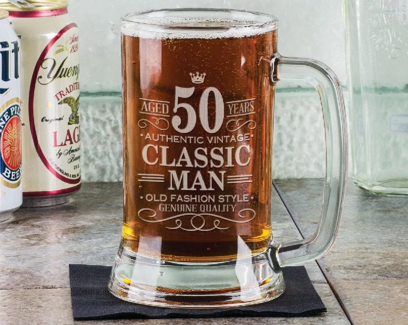 50th Birthday Classic Man 16Oz Beer Mug Stein Glass Engraved Father Gift Idea Etched Birthday Gift from Son Daugther Present