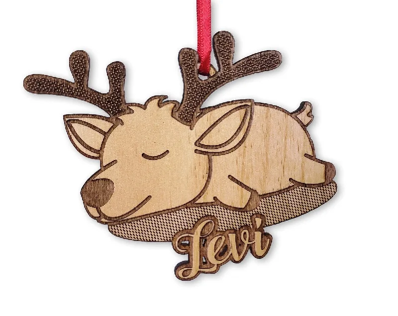 Wooden Cute Sleeping Deer Personalized Christmas Ornament for Kids Girls Or Boys Cute Customized Reindeer Christmas 2020 Gift Idea