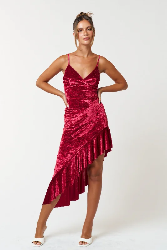 High Low Spaghetti Strap Ruffled Velvet Dress