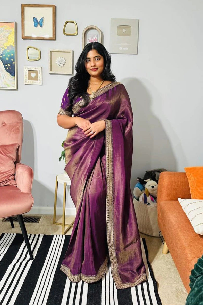 Heavy Border Purple Colour Saree For Reception Party