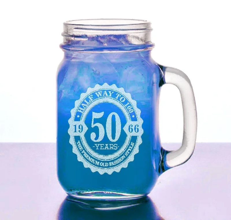 Half Way To 100 50th Birthday Gift for Him Her 16 Oz Mason Jar Anniversary 50 Years Vintage with Date Design Mug Present for Husband, Wife