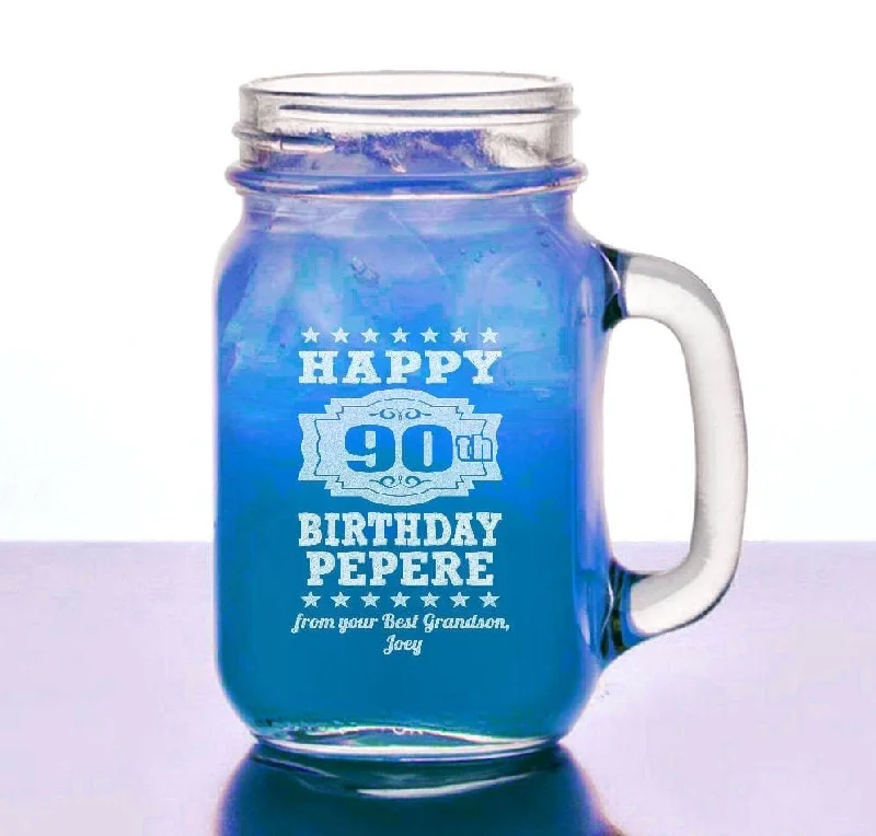 Happy Birthday 16 oz day Mason Jars Engraved 90th 80th 70th 60th 50th 40th 30th 21st 25th Party  for Dad Mom Grandfather Grandmother Mug