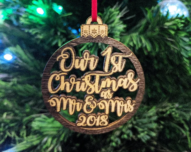 Our 1st Christmas as Mr Mrs Tree Ornament Wedding Favor for Bride Groom Newlyweds Couples First Christmas New House GIft Idea Engraved Wood