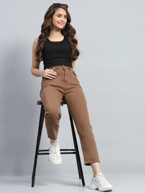 Women Brown Solid Slim Fit Denim