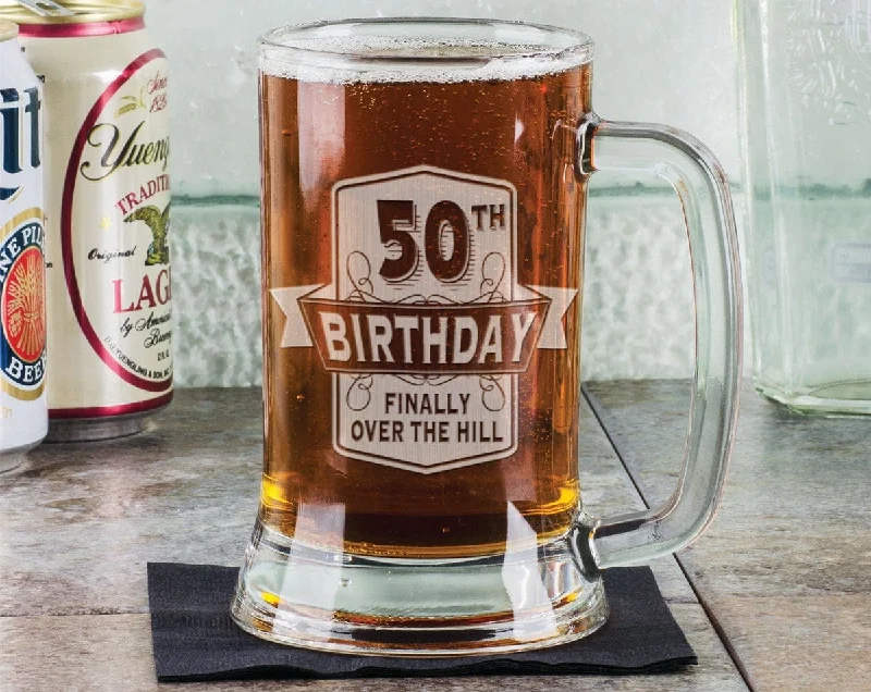 50th Birthday FInally over the Hill Funny Gag 16Oz Beer Stein Mug Engraved Father Gift Idea Etched Birthday from Son Daugther Present