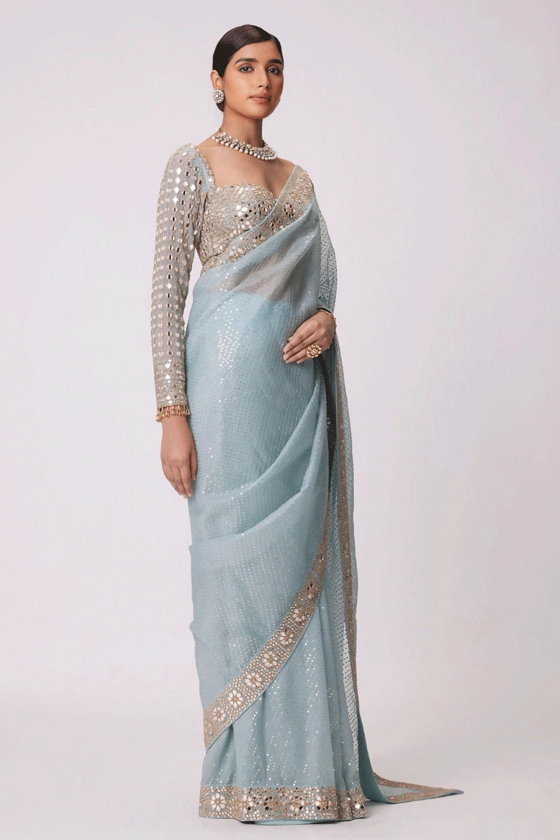 Georgette Sky Blue Color Sequence Saree For Party Wear