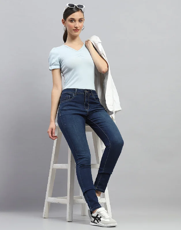 Women Dark Blue Light Wash Slim Fit Denim