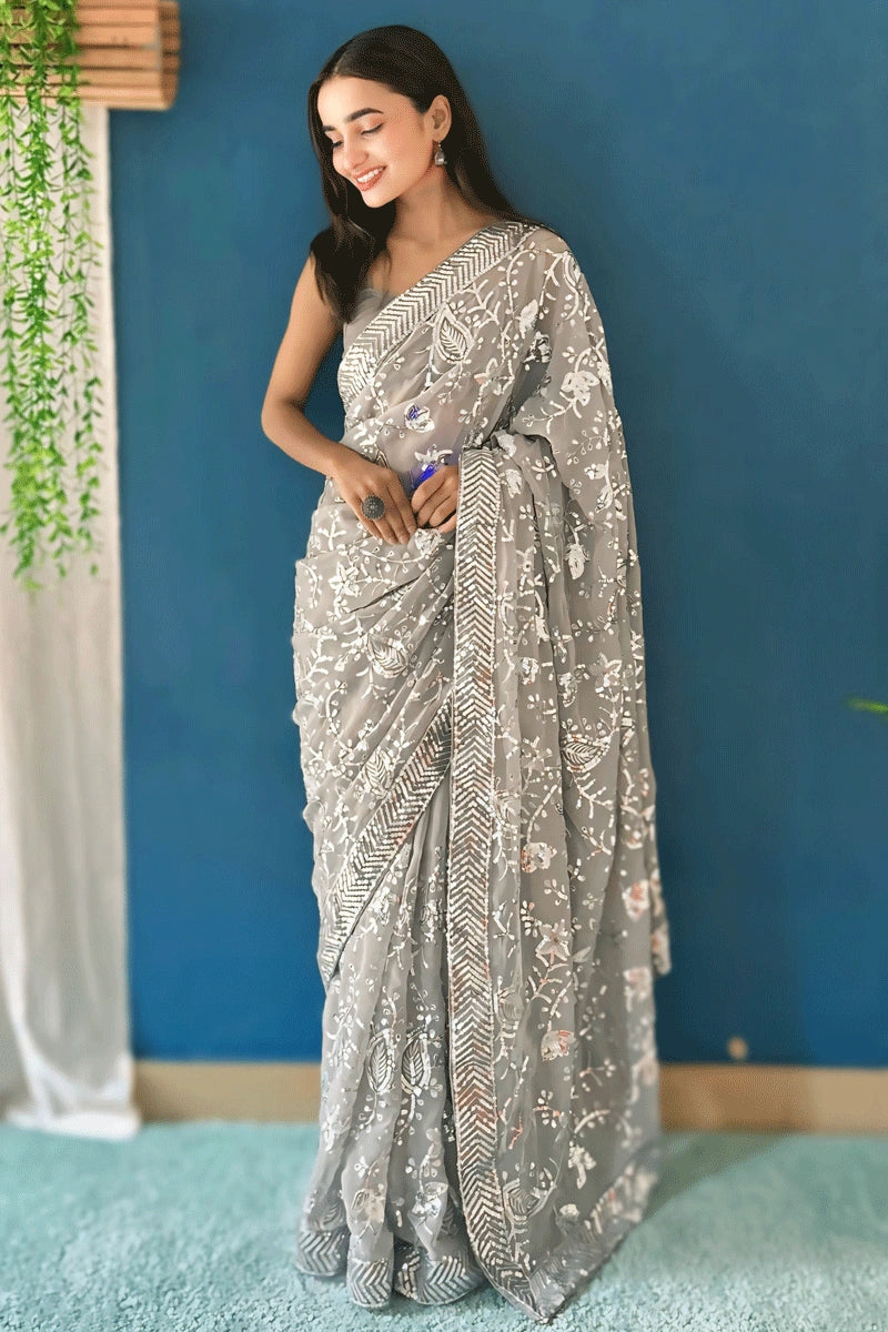 Grey Colour Sequence Saree For Party Wear