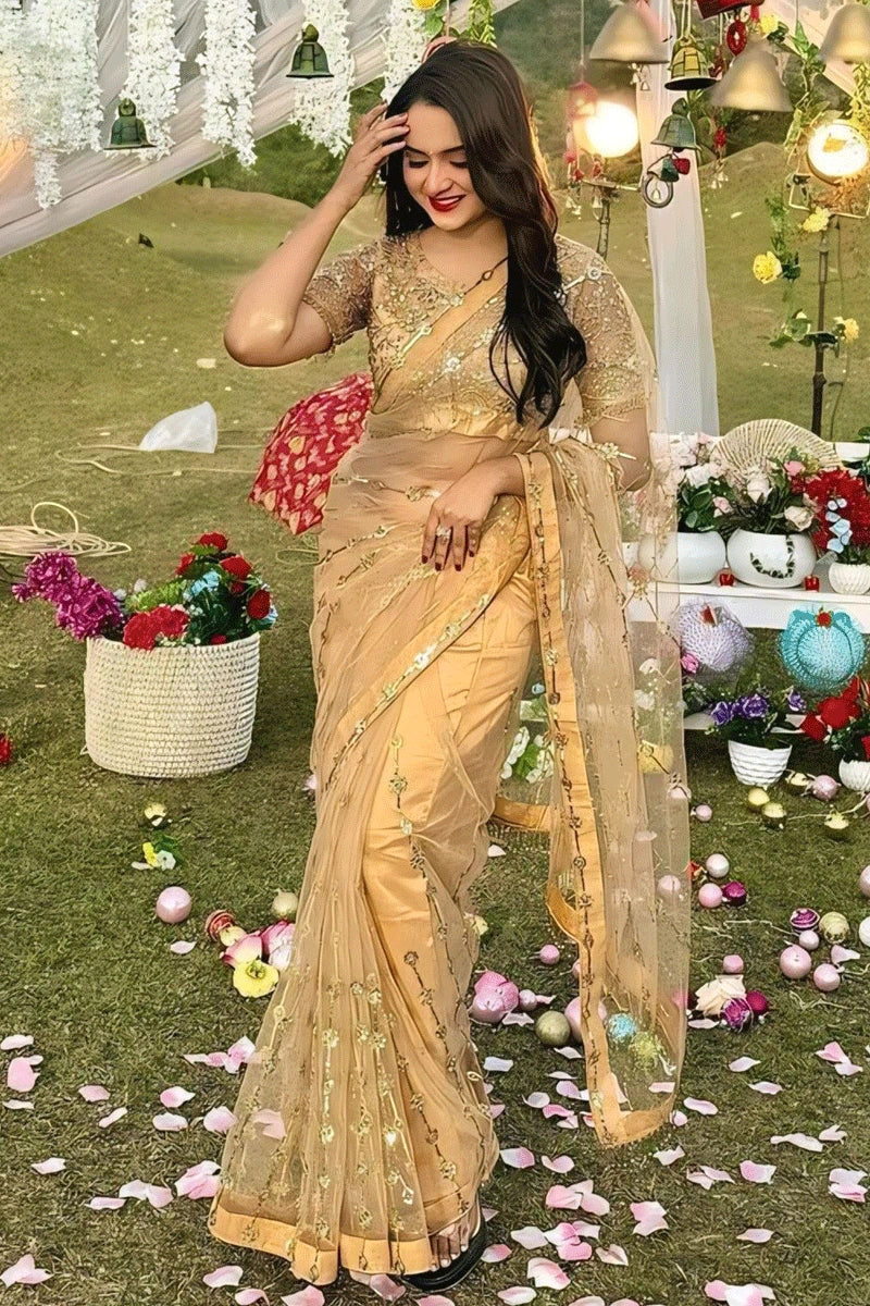 Golden Color Net Saree For Party Wear Function