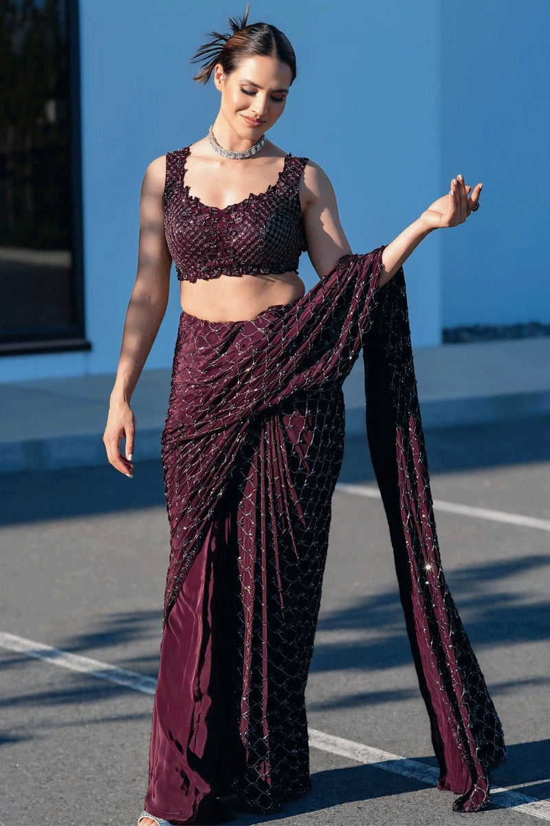 Party Wear Wine Color Saree For Girls