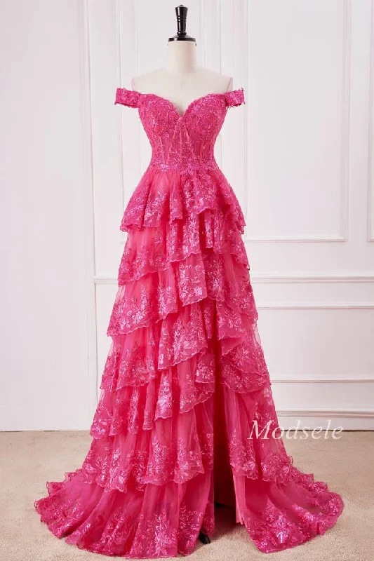 Fuchsia Glitter Appliques Off-the-Shoulder Ruffle Long Prom Dress