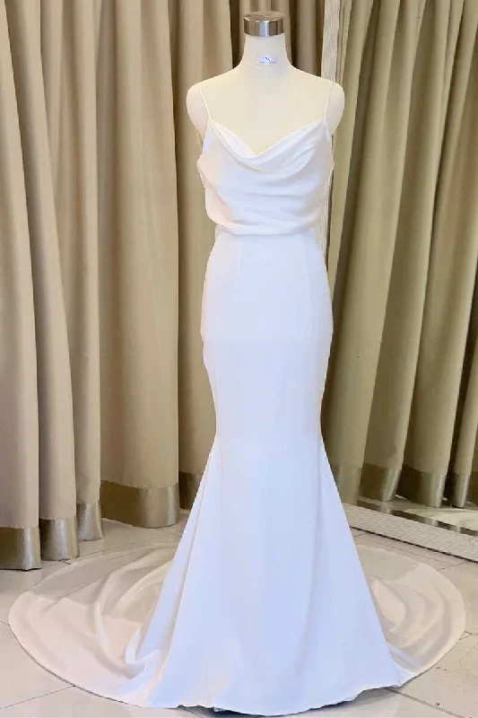 White Blouson Cowl Neck Backless Mermaid Long Wedding Dress