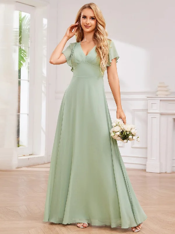 High-Waist Pleated V-Neck Bridesmaid Dress with Cross-Tie Back