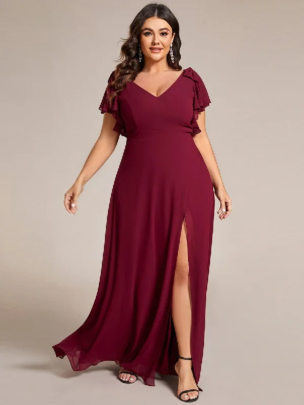 Gloria | Plus Size Split Ruffles Sleeves with Bowknot Double V-neck Chiffon Bridesmaid Dress