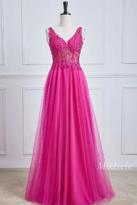 Magenta Tulle Appliques V-Neck A-Line Long Prom Dress