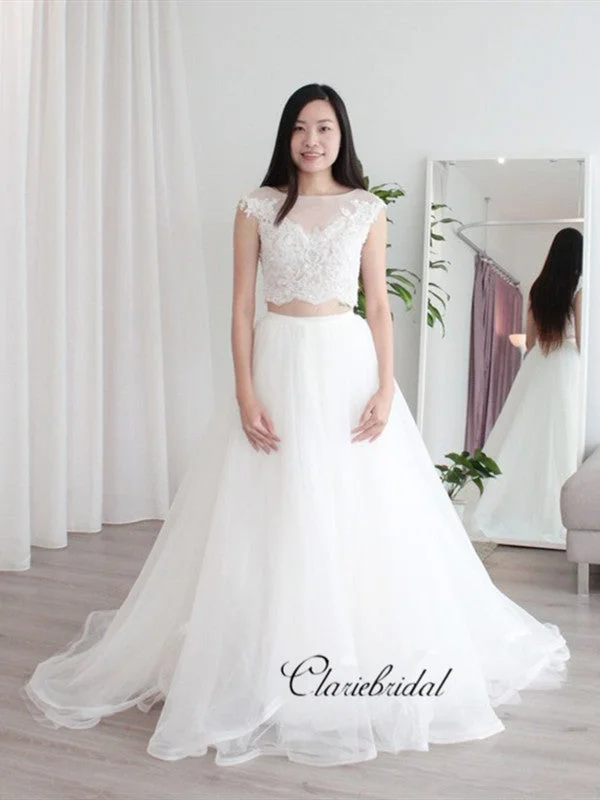 Cap Sleeves Two Pieces Lace Wedding Dresses, A-line Tulle Wedding Dresses