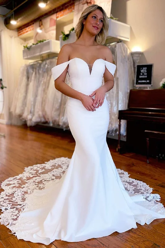 White Lace-Trimmed Off-the-Shoulder Mermaid Long Wedding Dress