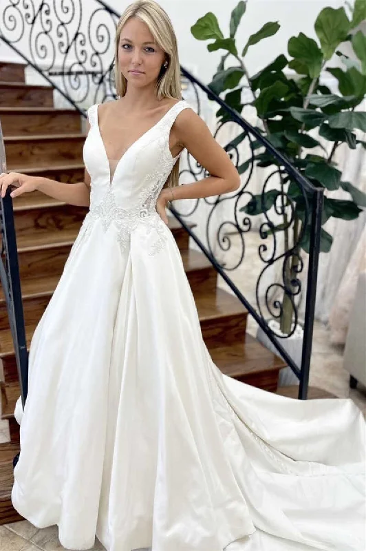 White Satin V-Neck Backless A-Line Long Wedding Dress