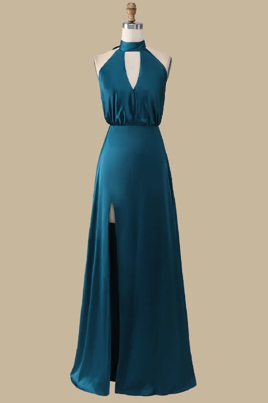 Turquoise Halter Blouson-Style Maxi Dress with Slit