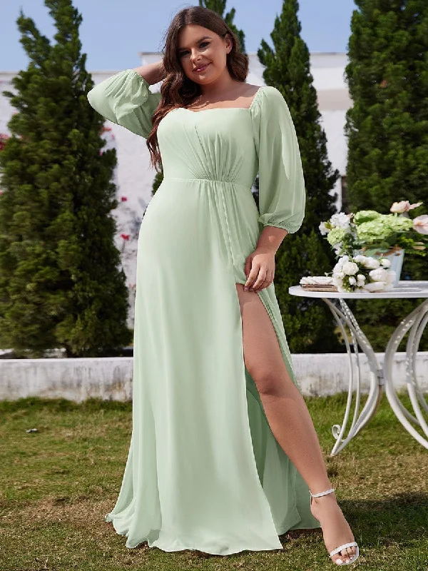 Clio | Plus Size High-Slit Waist Pleated Bridesmaid Dress with Long Sleeves