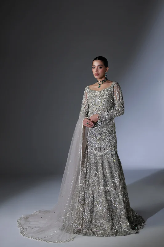 Net Pakistani Bridal Dress in Grey Lehenga Shirt Style