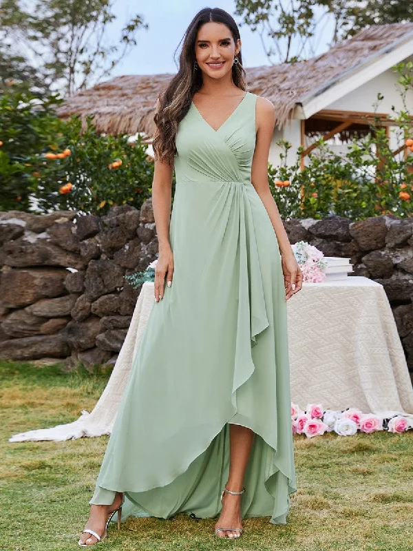 Chic High-Low V-Neck Chiffon Bridesmaid Dress with Front Pleating