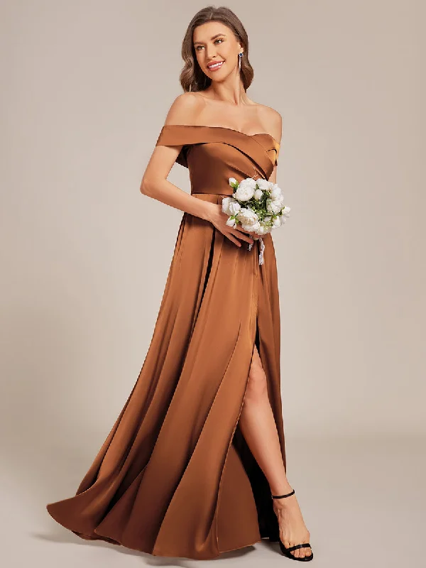 Off Shoulder Lace-Up High Slit Satin Bridesmaid Dress