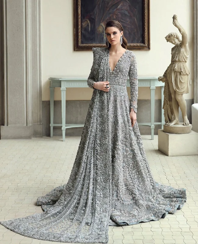 Pakistani Bridal Dress in Blue Grey Gown Dupatta Style