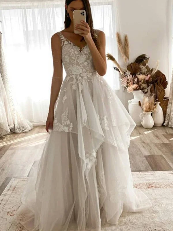 Spaghetti Strap A-line Lace V-Neck Country Vintage Wedding Dresses, WD0601