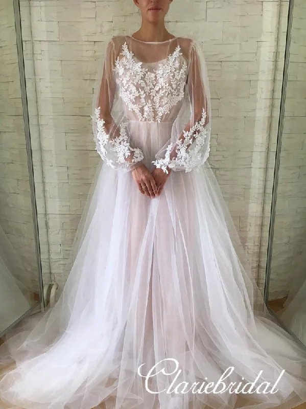 Long Sleeves Lace Tulle Boho Long Wedding Dresses