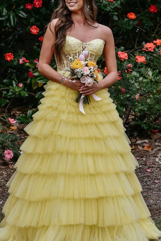 A-Line Strapless Ruffles Yellow Tulle Tiered Sleeveless Long Prom Dress