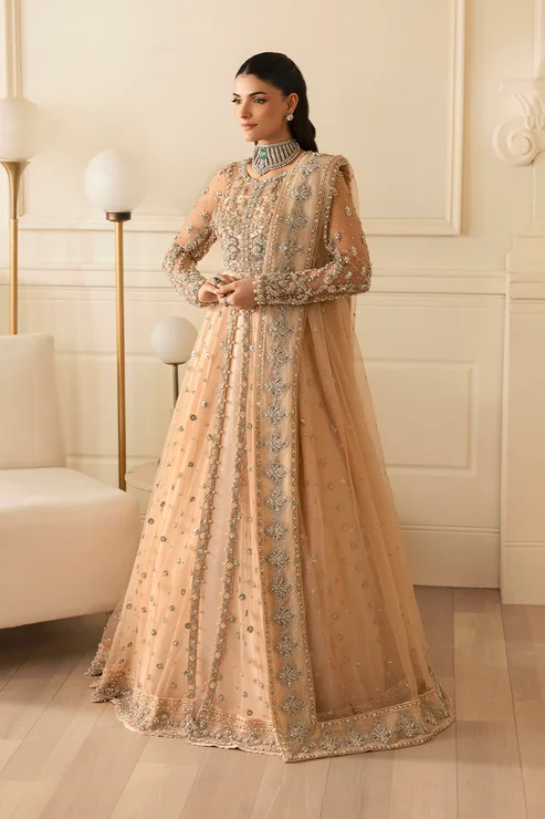 Pakistani Bridal Outfit in Peach Pishwas Lehenga Style