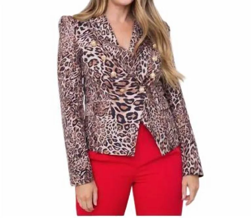 Leopard Double Breasted Blazer In Taupe