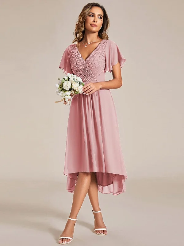 Pleated Asymmetrical Hem Ruffles Sleeve Chiffon Bridesmaid Dress