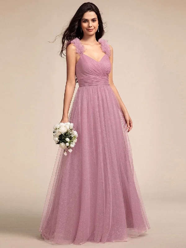 Embellished Shoulders Pleated Tulle Glitter Bridesmaid Dress