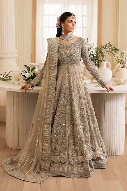 Pakistani Bridal Dress in Open Pishwas Lehenga Style