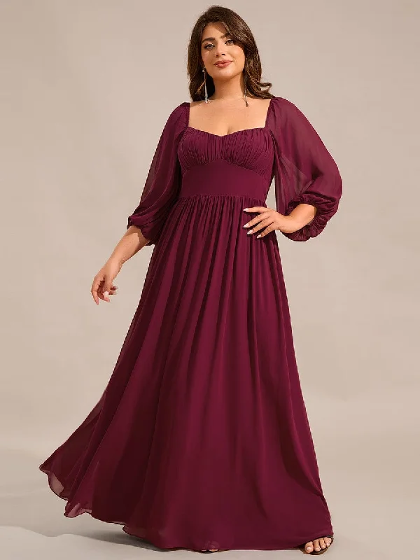 Plus Size Lace-Up 3/4 Sleeve Chiffon Bridesmaid Dress