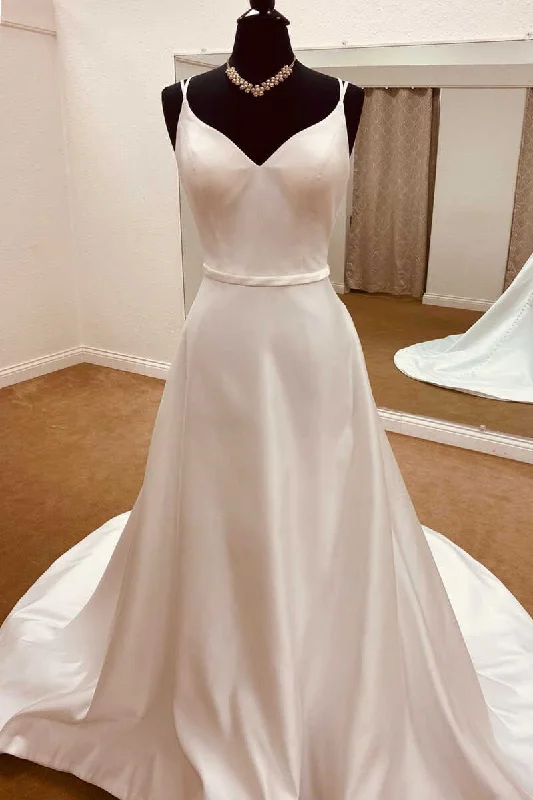 Elegant Satin Spaghetti Straps Backless Long Wedding Dress