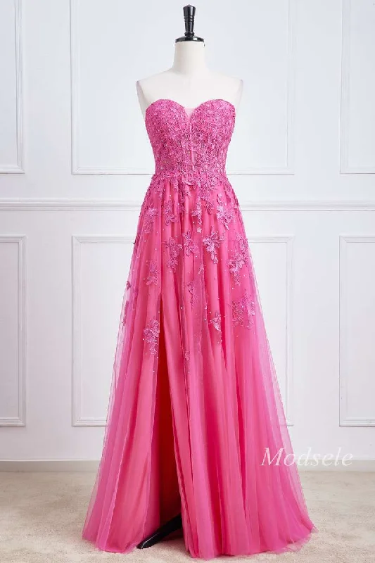 Hot Pink Appliques Sweetheart Lace-Up Long Prom Dress