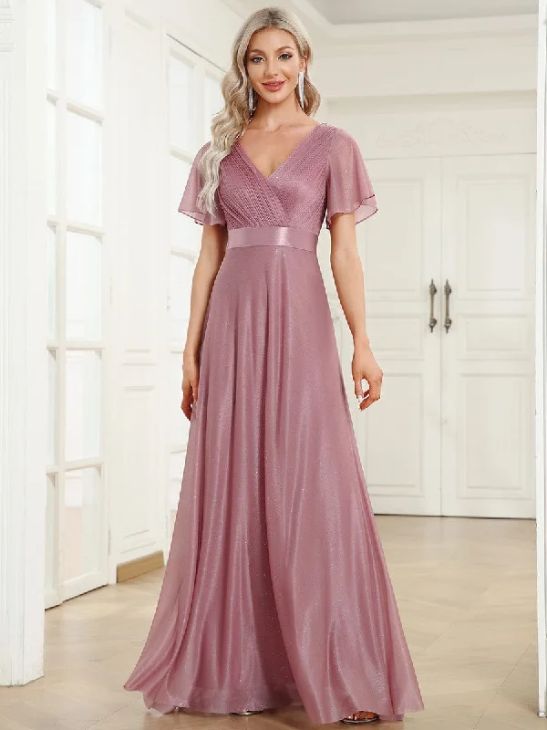 Sparkling Short Sleeve V-Neck Ribbon Waist A-Line Bridesmaid Dress