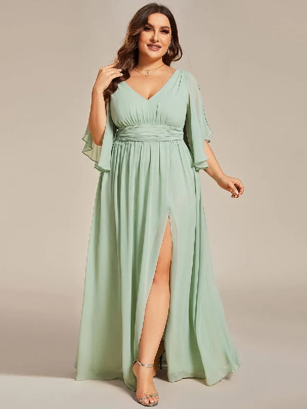 Plus Size Half Sleeve Pleated A-Line V-Neck Chiffon Bridesmaid Dress