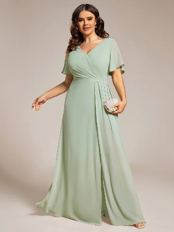 Aria | Plus Size High Slit V-Neck Empire Waist Chiffon Bridesmaid Dress