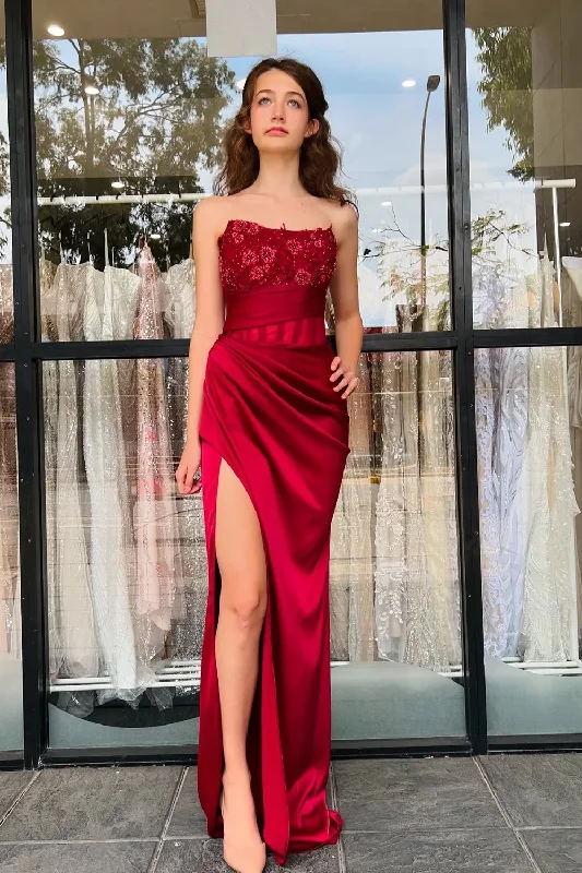 Burgundy Strapless Appliques Pleated High Slit Long Prom Dress