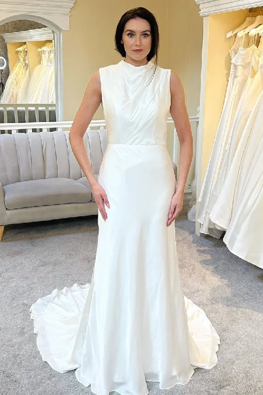 White High-Collar Backless A-Line Long Wedding Dress