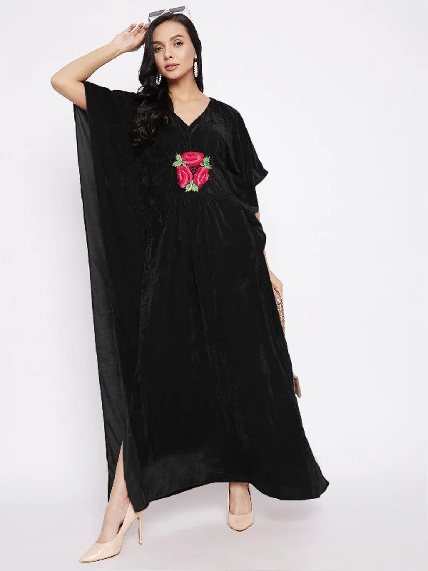 Stretchable Velvet Kaftan with Floral Embroidery