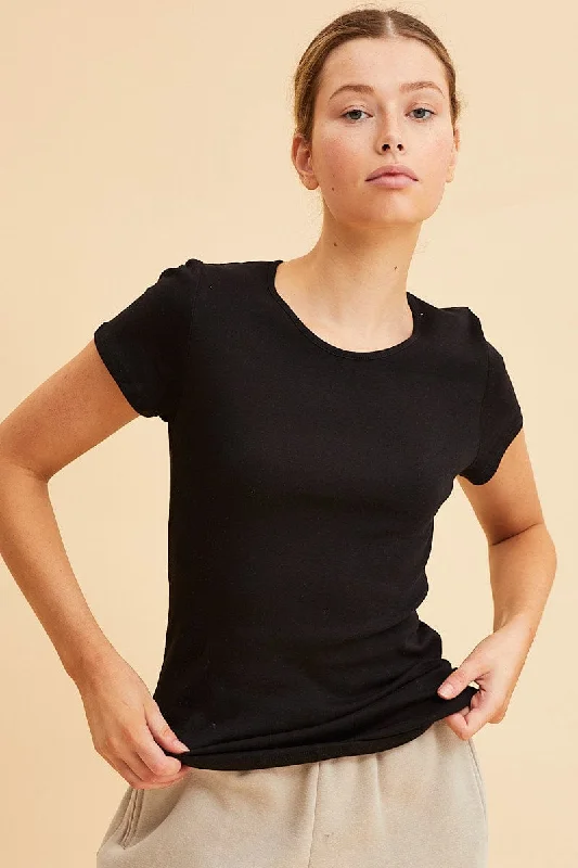 Black Rib T-Shirt Crew Neck Short Sleeve