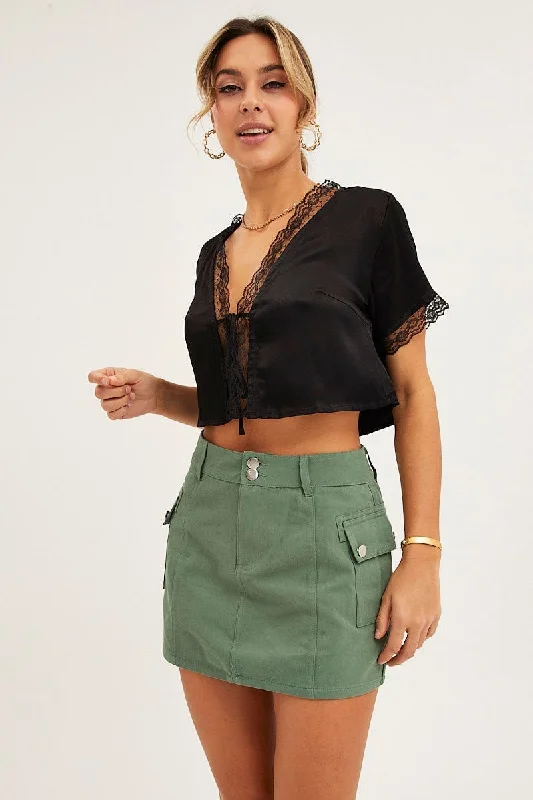 Black Satin Top Short Sleeve